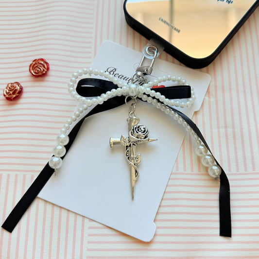 Gothic Black Bow Pearl Rose Sword Phone Charm, Black Romance Coquette Keychain