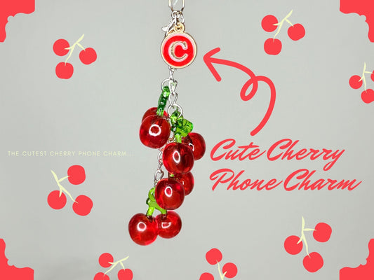 🍒 Cherry Phone Charm – Handmade Beaded Fruit Phone Strap | Initial Custom Phone Charm Strap 🍒