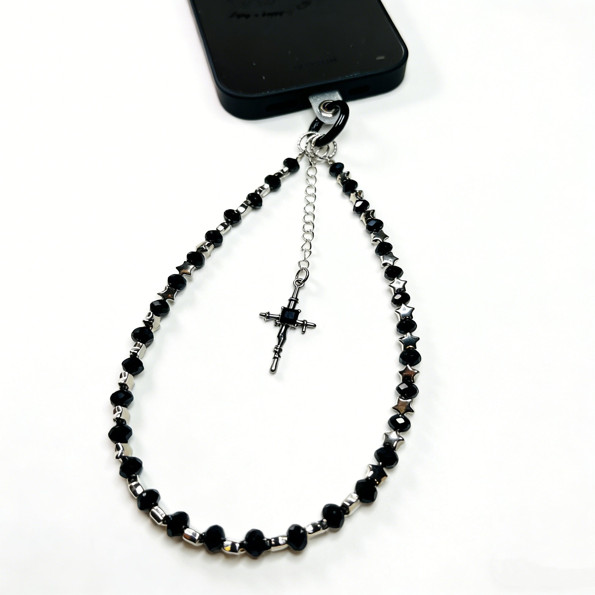 Gothic Black Cross Phone Charm | Handmade Grunge Bead Strap Gothic Black Cross Phone Charm | Handmade Grunge Bead Strap