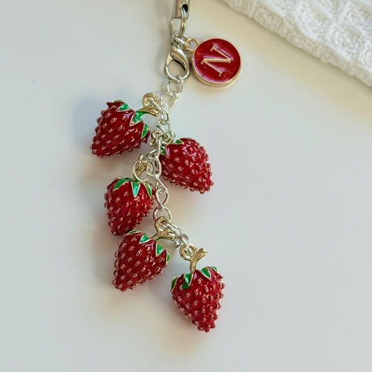 Cute Aesthetic Handmade Strawberry Beaded Phone Charm: Personalized Initial Matching Keychain Strap