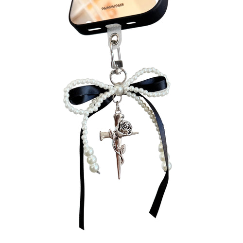 Gothic Black Bow Pearl Rose Sword Phone Charm, Black Romance Coquette Keychain