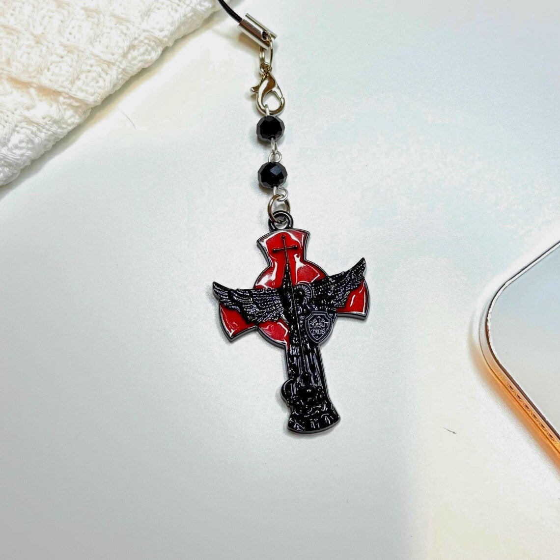 Handmade Red and Black Gothic Phone Chain with Sword Pendant - Y2K Creepy Cute Aesthetic Accessories