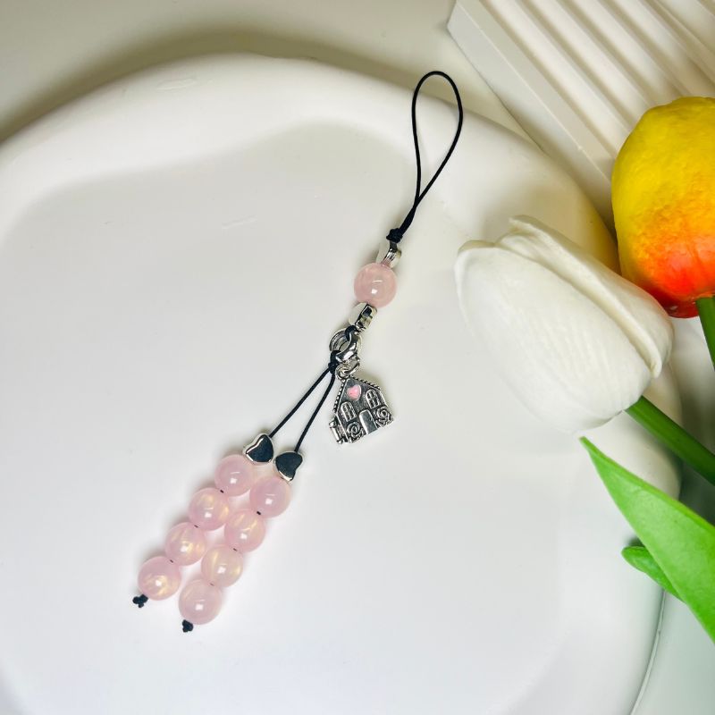 cute pink phone charm with little house beads 1