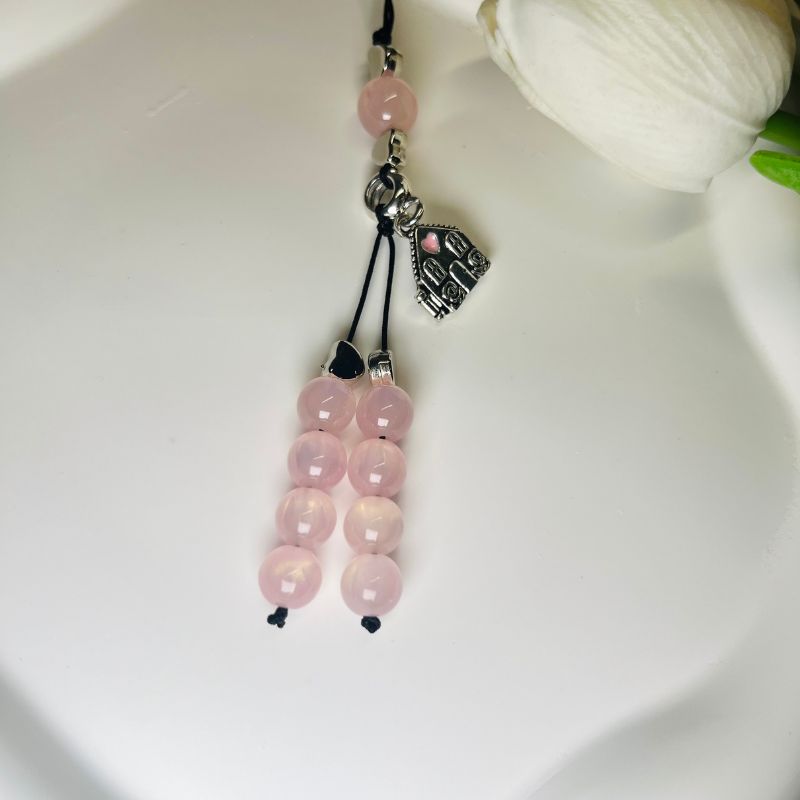 cute pink phone charm with little house beads 2